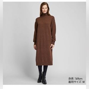 Chocolate Brown High-Neck Slim Knit Wool Sweater Turtleneck Dress Side Slit Soft